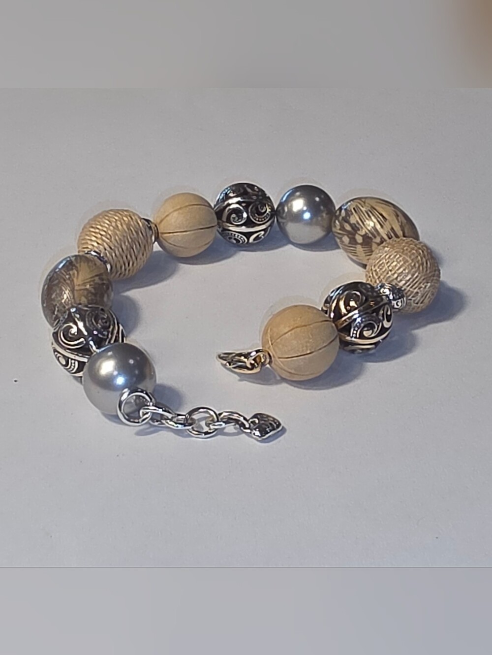 Brighton Chunky Bead Bracelet Silver Tan Woven Filigree Heart Charm 8.5in